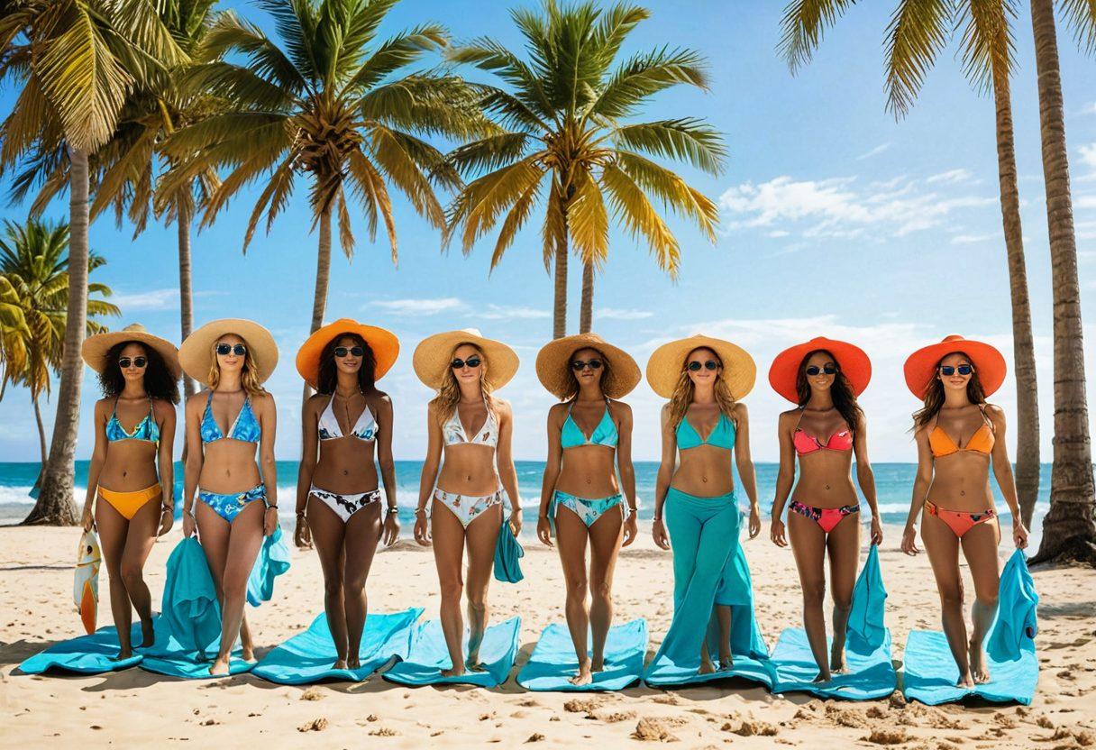 A sunny beach scene featuring vibrant tropical elements such as palm trees, turquoise waters, and golden sand. Showcase a diverse group of models wearing the latest bikini trends and stylish beachwear, complete with beach accessories like sunglasses and hats. Incorporate colorful beach towels and surfboards in the background for added flair. The overall mood should be fun, relaxed, and inviting. bright colors. super-realistic. tropical theme.