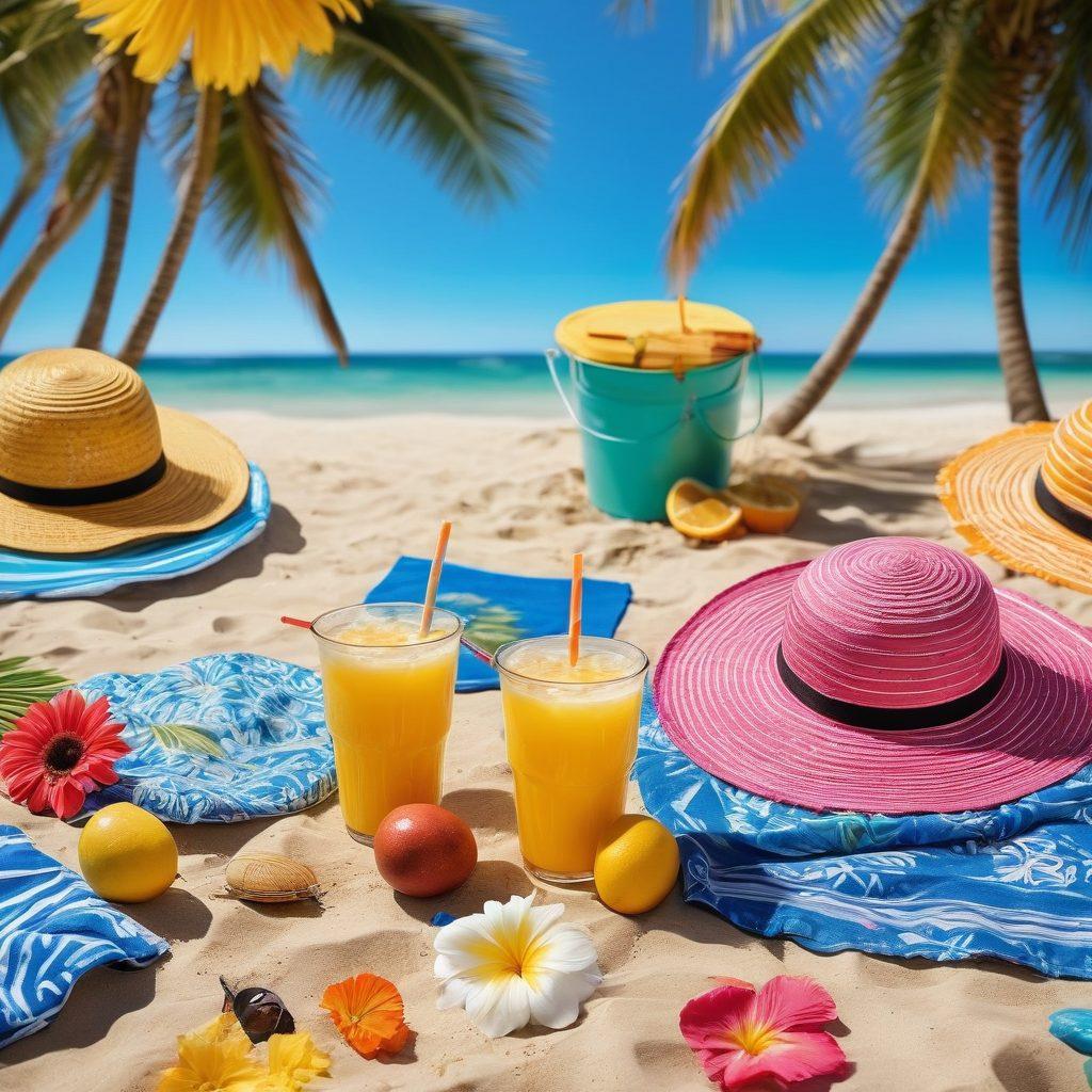 A vibrant beach scene filled with colorful beachwear and accessories spread out on a sandy shore. Include stylish swimsuits, large sun hats, vibrant towels, and trendy sunglasses. Bright sun shining in a clear blue sky, with palm trees swaying gently in the background. Add playful beach toys and a refreshing coconut drink nearby, creating a perfect summer vibe. super-realistic. vibrant colors.